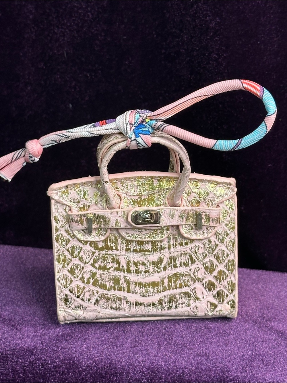 metallic gold croc mini bag charm w/ twilly scarf tie